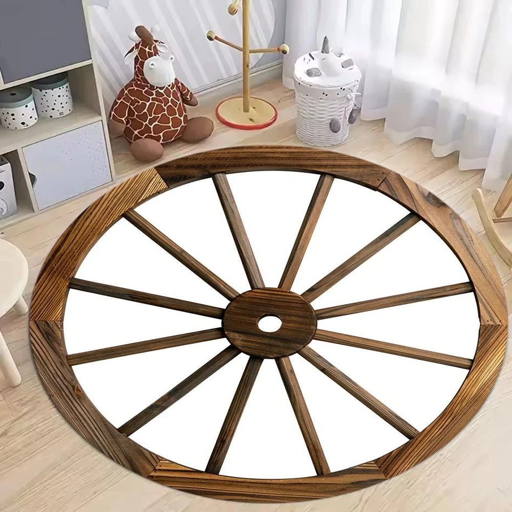 Vintage Wooden Wagon Wheel Round Carpet Retro Wood Style Easy Clean Soft Rug for Living Room Kids Bedroom