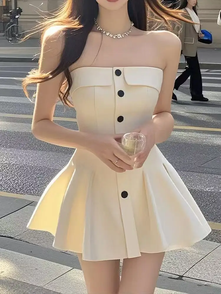 

Temperament Breast Single Row Button Dress Female 2025 Summer Advanced Sense Of Thin Temperament Light Luxury Sexy Skirt