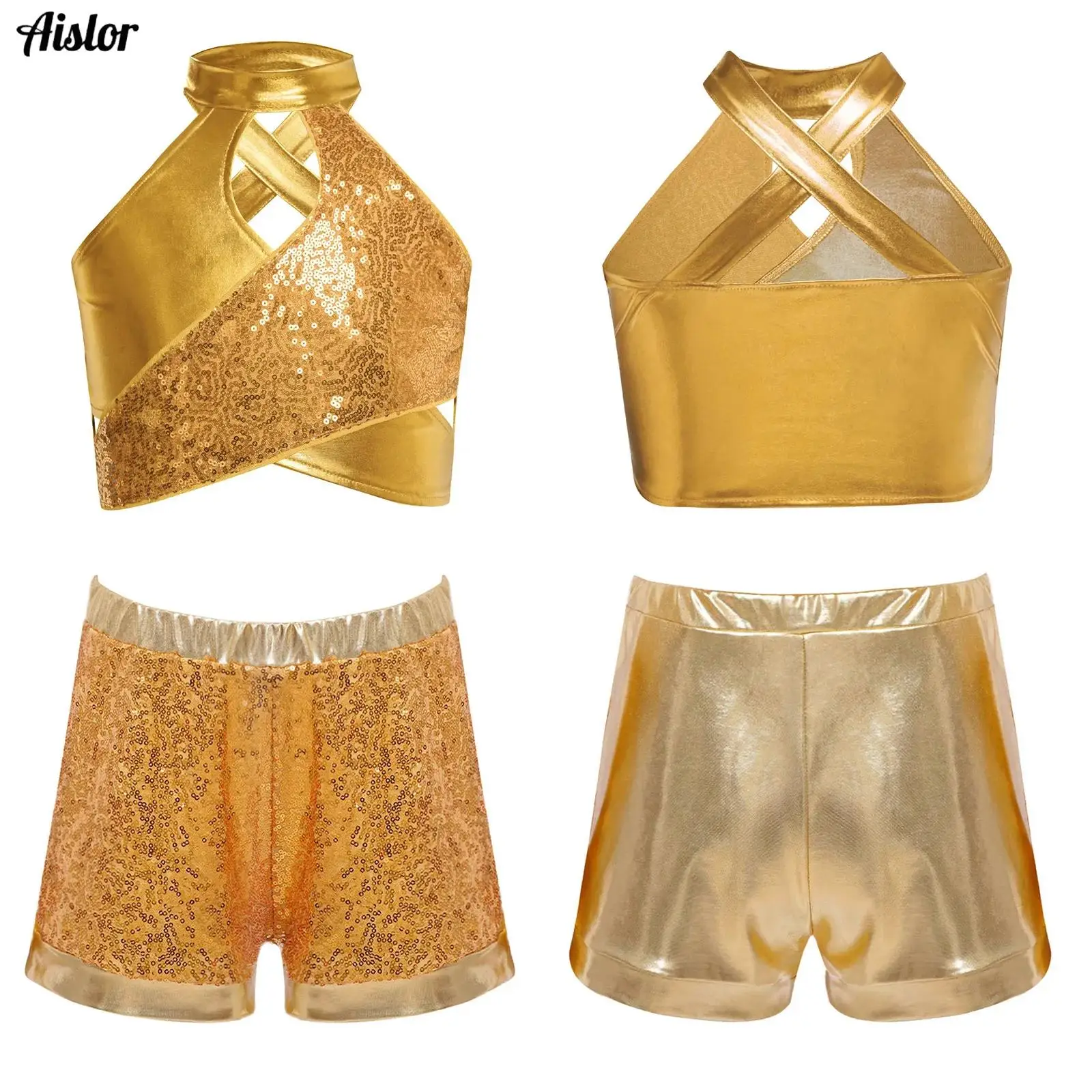 

Kids Girls Hip-hop Jazz Dance Outfit Cross Keyhole Sparkly Sequins Metallic Tank Crop Top+Shorts Set Ballroom Ballet Streetwear