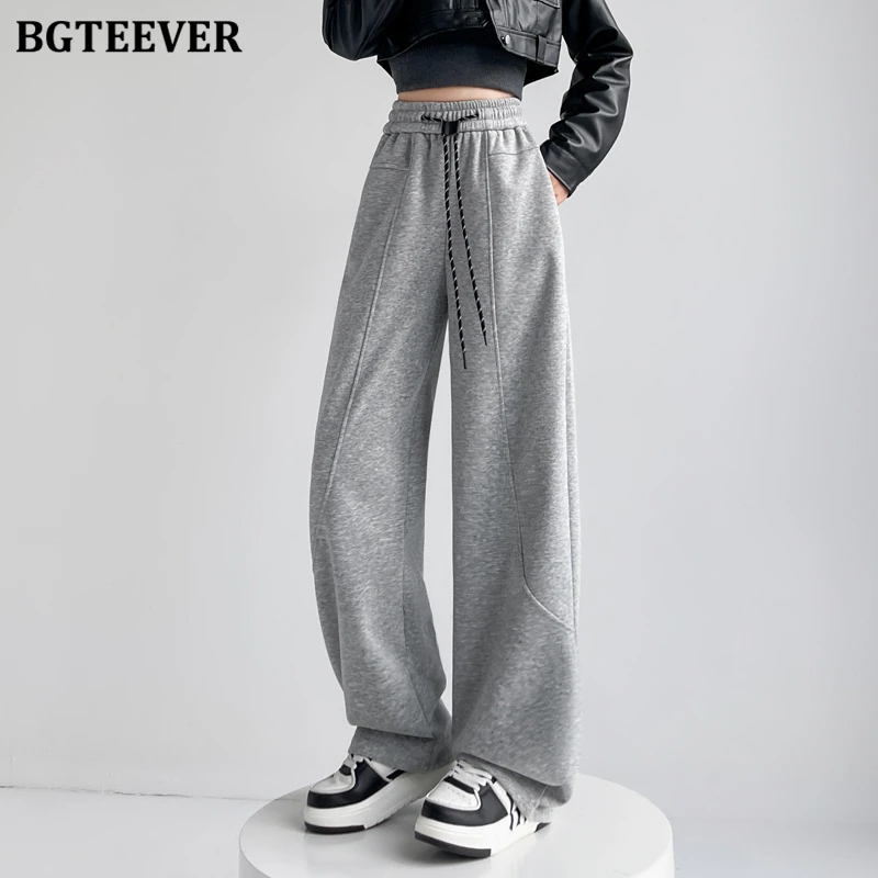 BGTEEVER Stylish Loose Pockets Women Lace-up Wide Leg Pants High Waist Winter Thicken Velvet Ladies Floor-Length Trousers