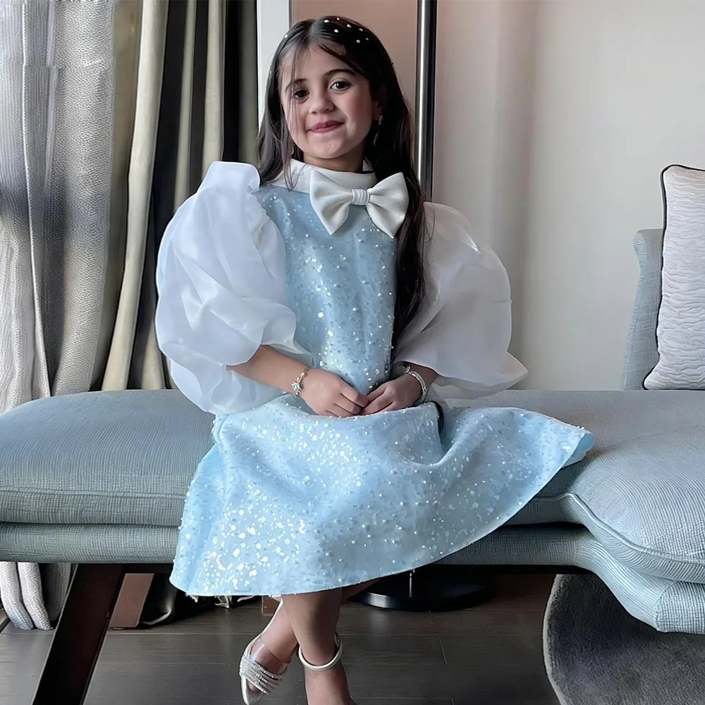 

Puff Sleeves Princess Dress Sequin Flower Girl Dresses Sparkle Dress For Girls Sequin Birthday Dress Bow Short Kids' Dresses