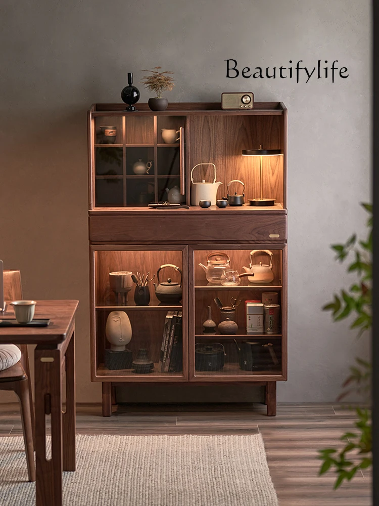 

Solid wood tea set display cabinet Sofa side cabinet Black walnut tea storage Tea room Storage bookcase Bogu rack