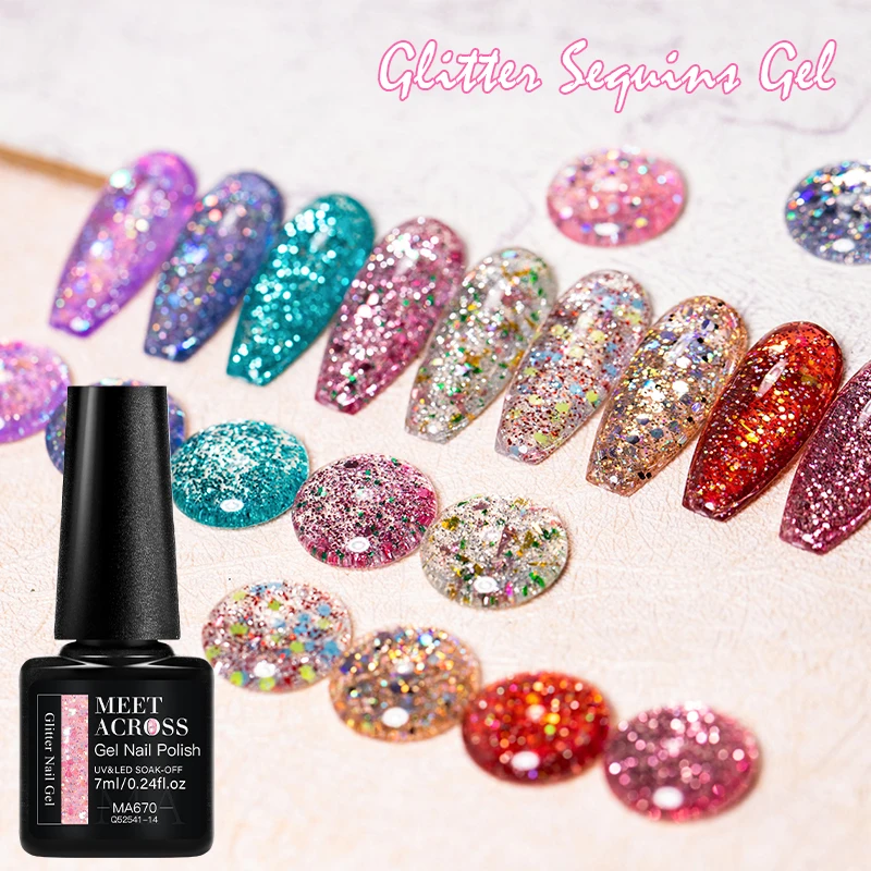 MEET ACROSS 7 ml Glitzer-Gel-Nagellack, Frühling, funkelnder, langlebiger Lack für die Maniküre, Soak Off Gel Nail Base Gel Top Coat