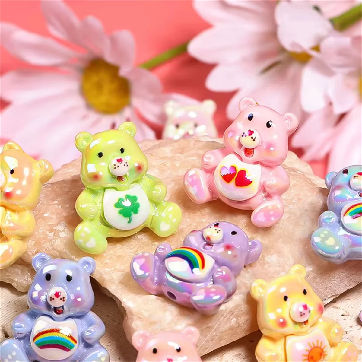 3 Pcs Cartoon Rainbow Bear Vertical Hole Beads DIY Resin Kawaii Anime Keychain Accessories Phone Chain Clothing Beads Material