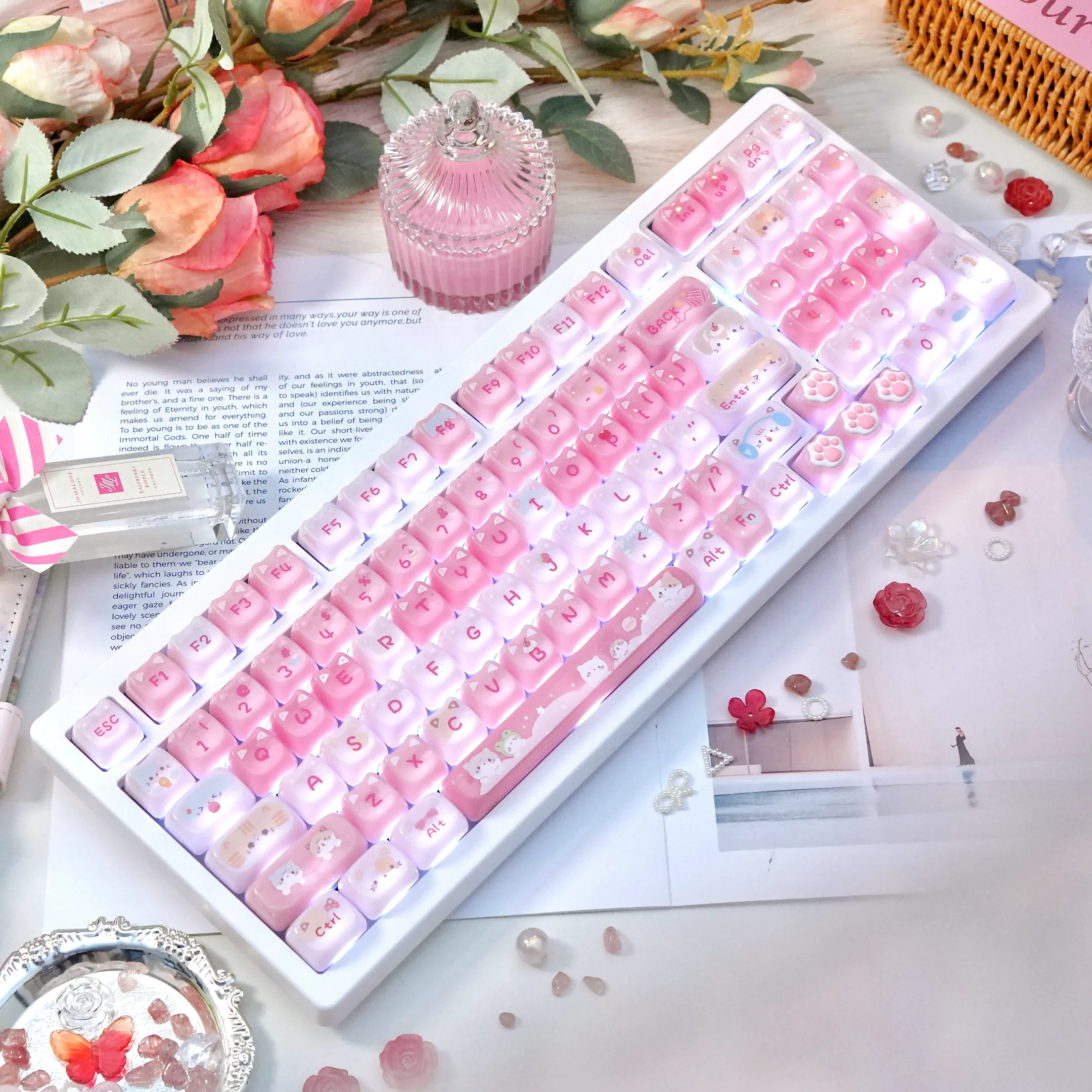 140 Keys Cute Cat MAO Keycaps Translucent Keycap Pudding PBT DYE-Sub MAO Profile Key Cap for Made68 Mad68 Wooting60