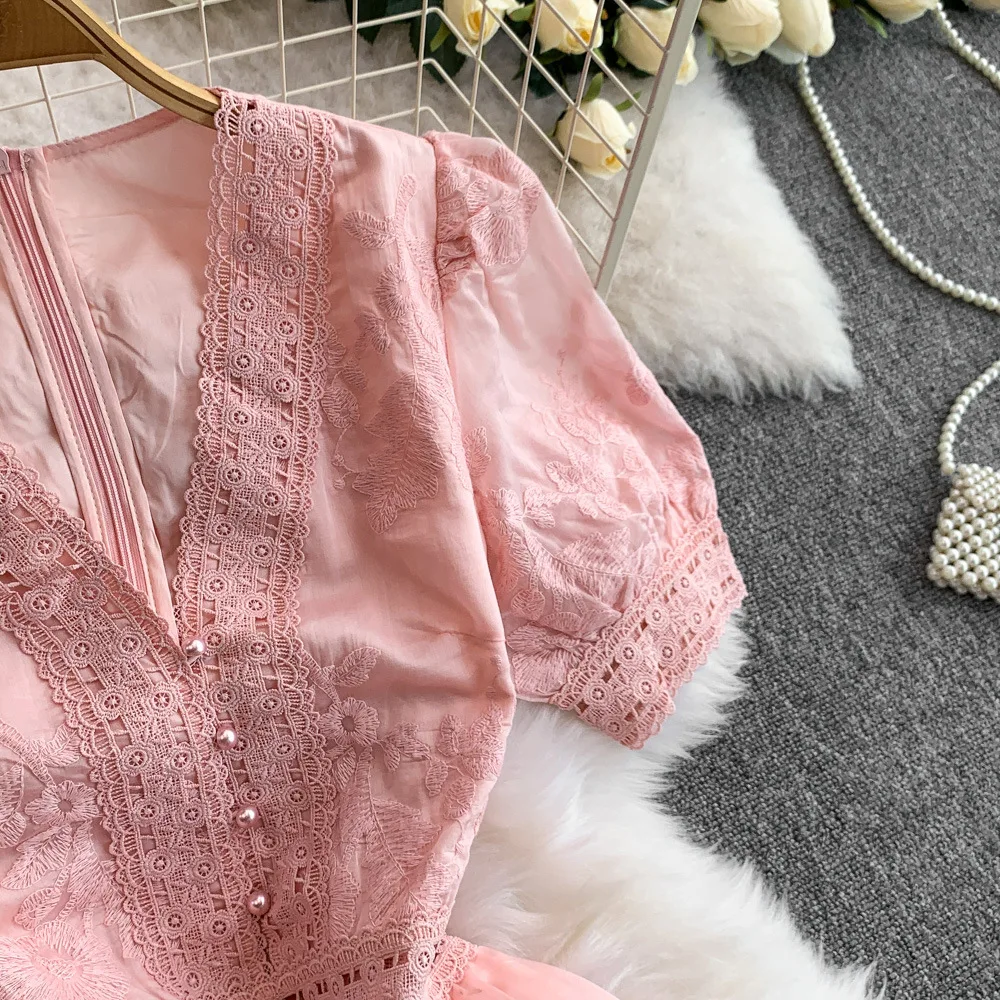 UNI 夏秋ホリデー中空フラワー刺繍レースイブニングプロムドレス女性半袖ミディロングパーティー Vestidos