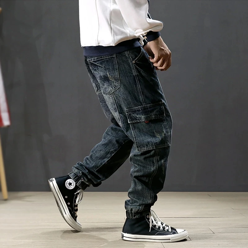 y2k Fashion Men Jeans Retro Washed Blue Loose Fit Big Pocket Denim Cargo Pants Men Spliced Designer Hip Hop Vintage Joggers