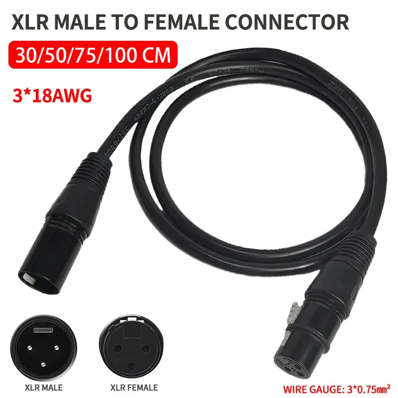Кабель XLR 3-контактный, 30/50/75/100 см, 3*18AWG, штекер-гнездо, для микрофона, сценического освещения, DMX, для аудиомикшера, усилителя звука, 2 шт.