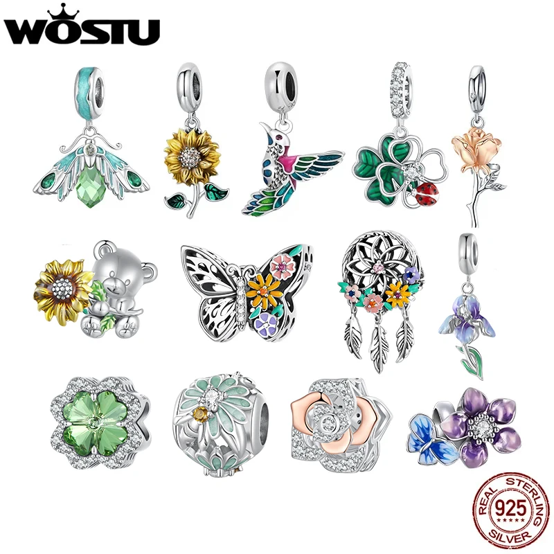 WOSTU 2022 Daisy Flower Charms 925 Sterling Silver Valentines Wedding Vintage Beads Pendant DIY Bracelet Necklace Jewelry Making