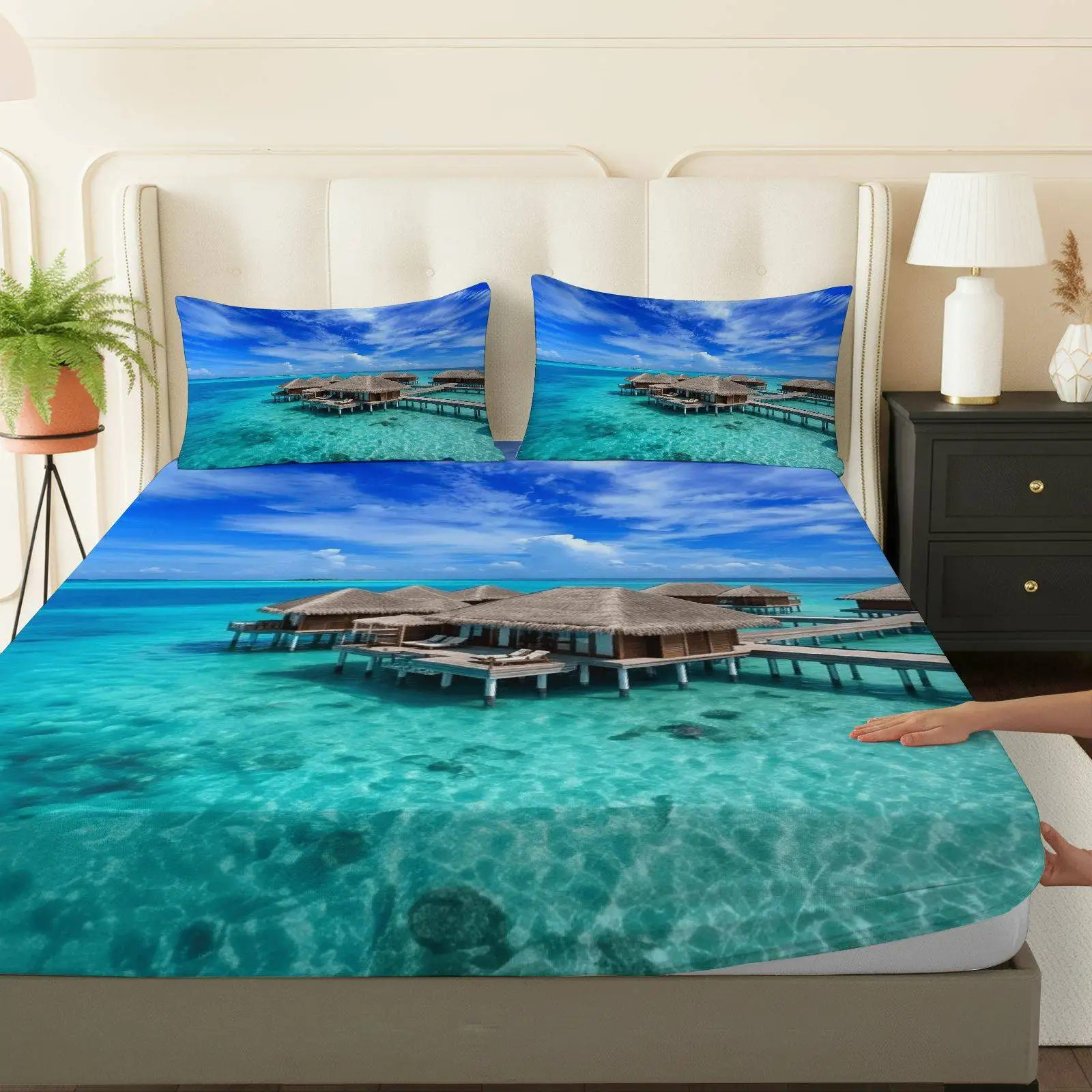 3-Piece Mattress Protector Set, Tropical Beach Themed Bedding, Suitable for Bedroom, Turquoise Palm Tree and Ocean Wave Print Fitted Sheet, Mattress Protector, Stain-Resistant, Suitable for All Seasons, Machine Washable, Easy to Care For, Suitable for Home Bedrooms, Essential for Dorms and Rentals, Master Bedroom and Guest Room Decoration, Dust-Proof and Stain-Resistant, High Elasticity, Fits Various Sizes