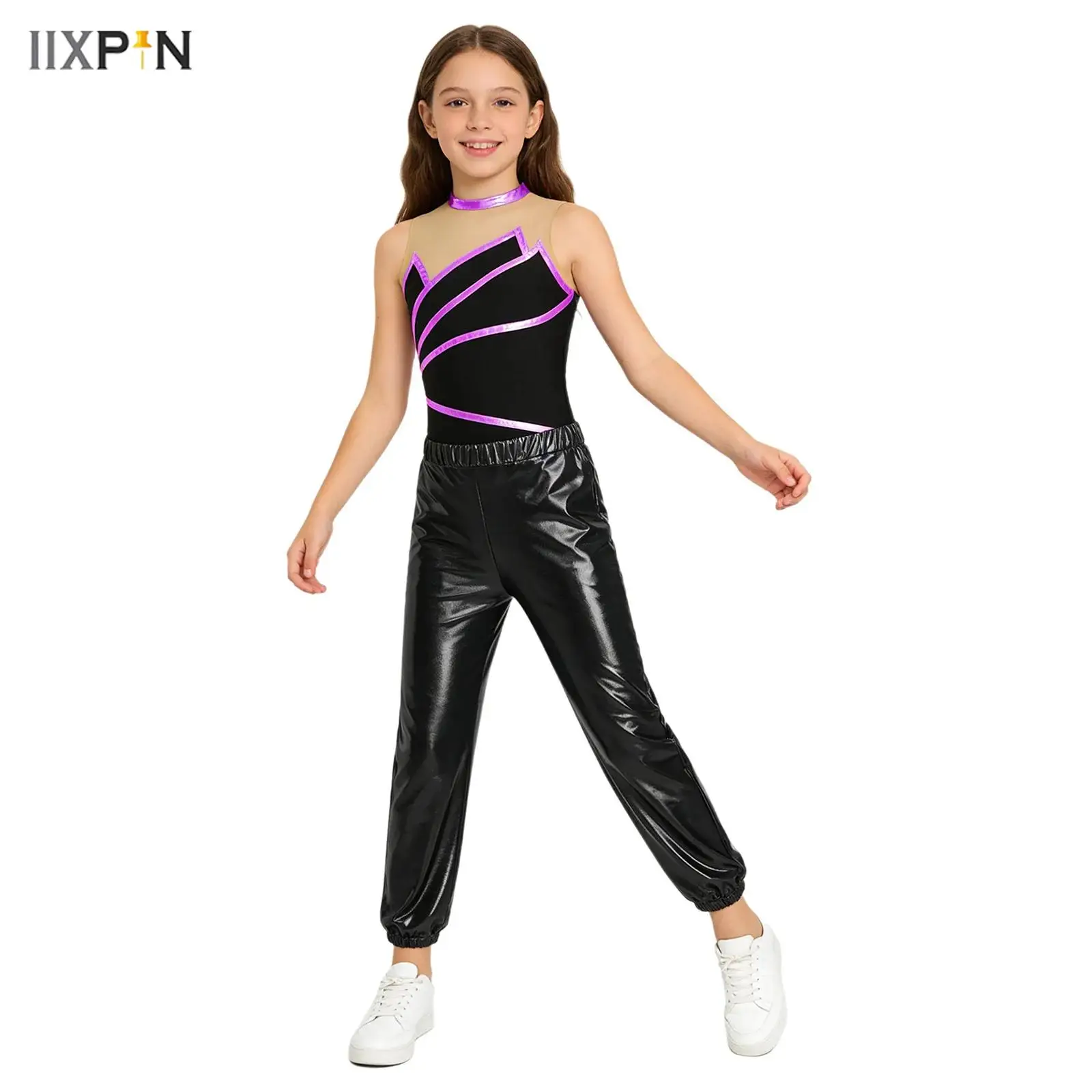 

Kids Girls Sleeveless Ballet Gymnastics Leotard with Metallic Pants Dancewear for Ice Skating Workout Performance Sports Set