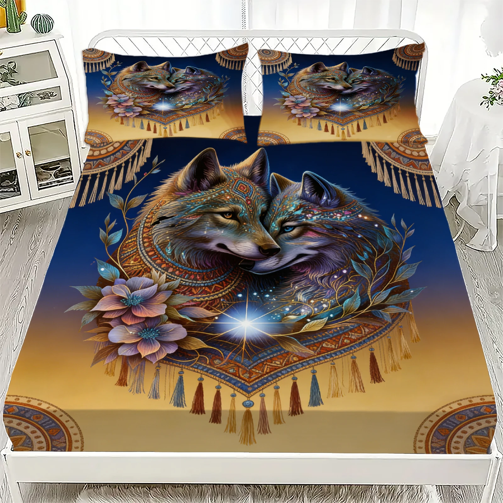 Wolf Couple Fitted Sheet Set Blue And Gold Mandala Floral Pattern With Pillowcases For Bedroom Decor
