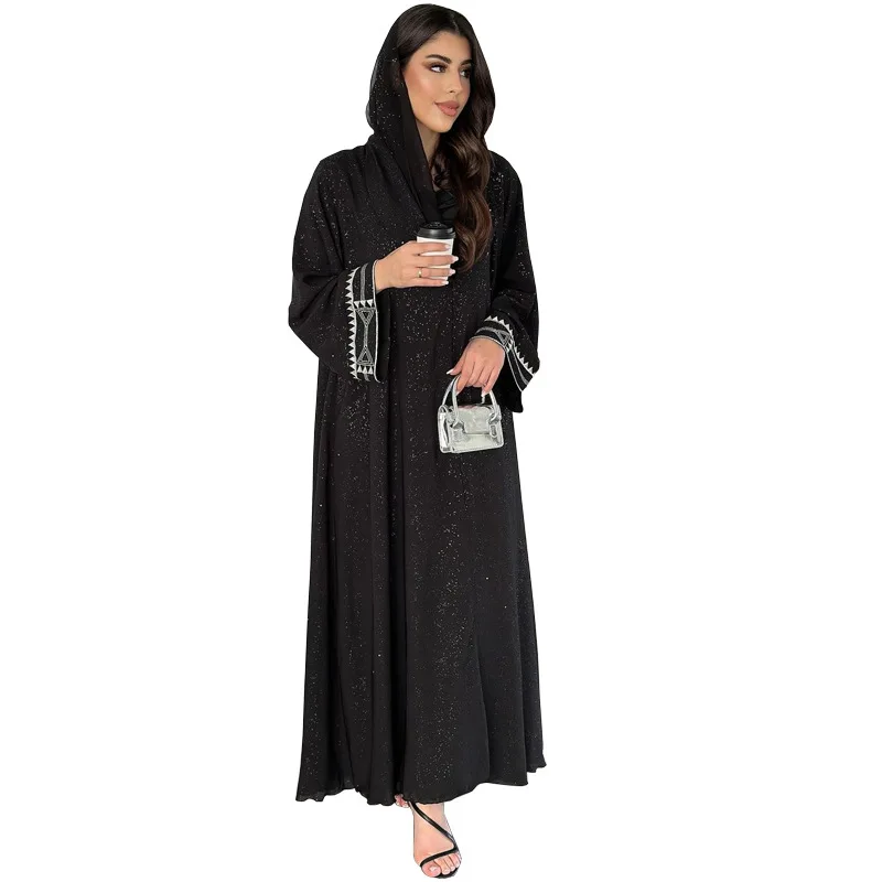 Women Cardigan Robe Abaya Islamic Muslim Prayer Dress Embroidery Cardigan Dubai Robe Turn Over Collar Casual  Modest Dress 2024