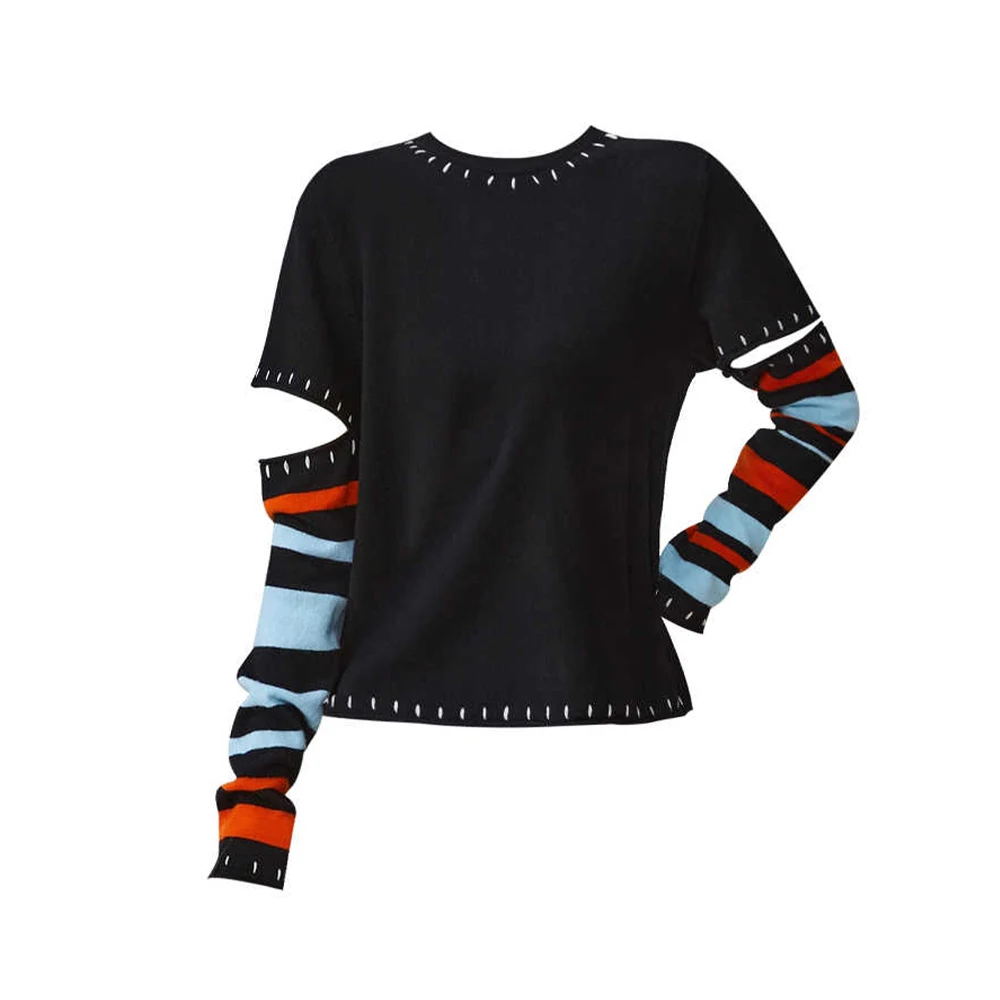 

Women Black Gothic Patchwork Pullover O-Neck Knitwear Long Sleeve Striped Sweater Harajuku Vintage 2000s Sweater Clothes Autumn