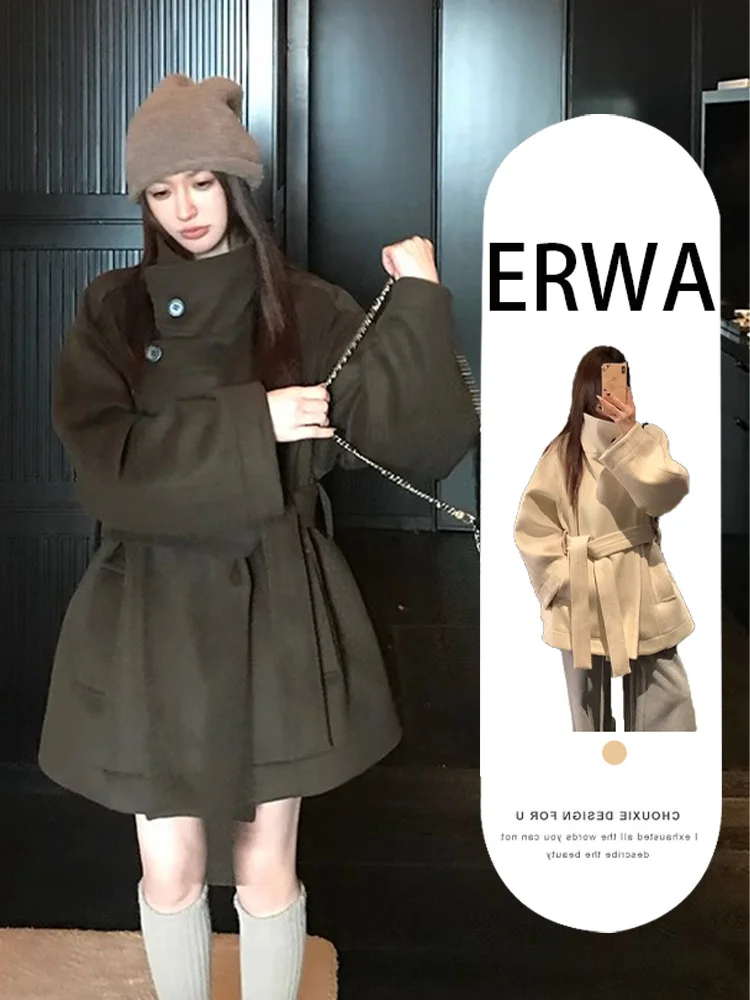 

Fall Winter ort Thiened Woolen Coat Korean Sle Women's Outerwear Commute Loose Fit Button Embellied Pure Color