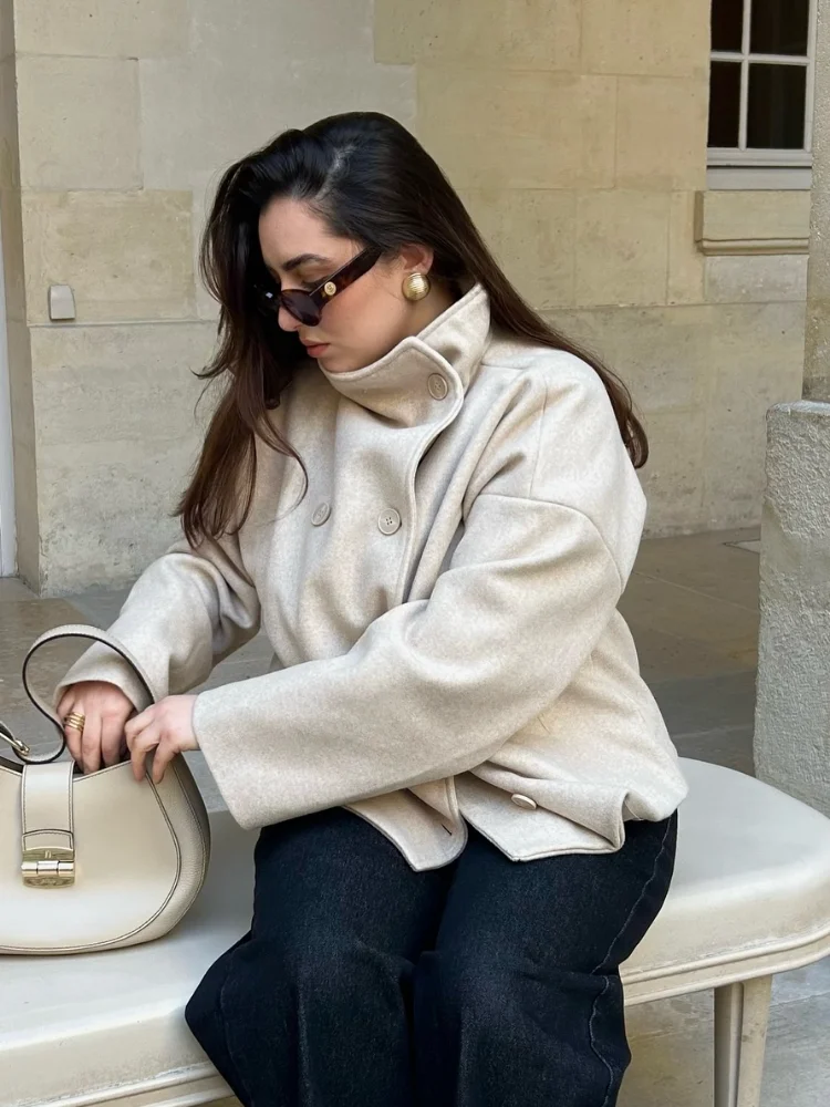 2025 Autumn Woolen Coats Women Casual Double Breasted Stand Collar
