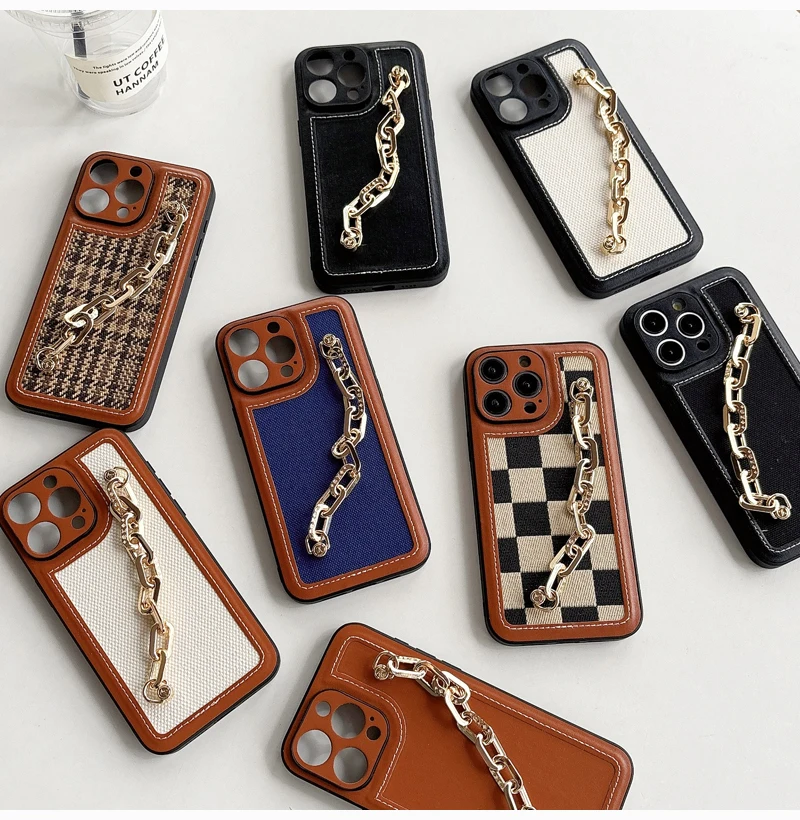 

New Timeless High-end Luxury Canvas Woven With Chain Phone Case For iPhone14 15 Plus 11 12 13 Pro Max Lens Protective Back Cover