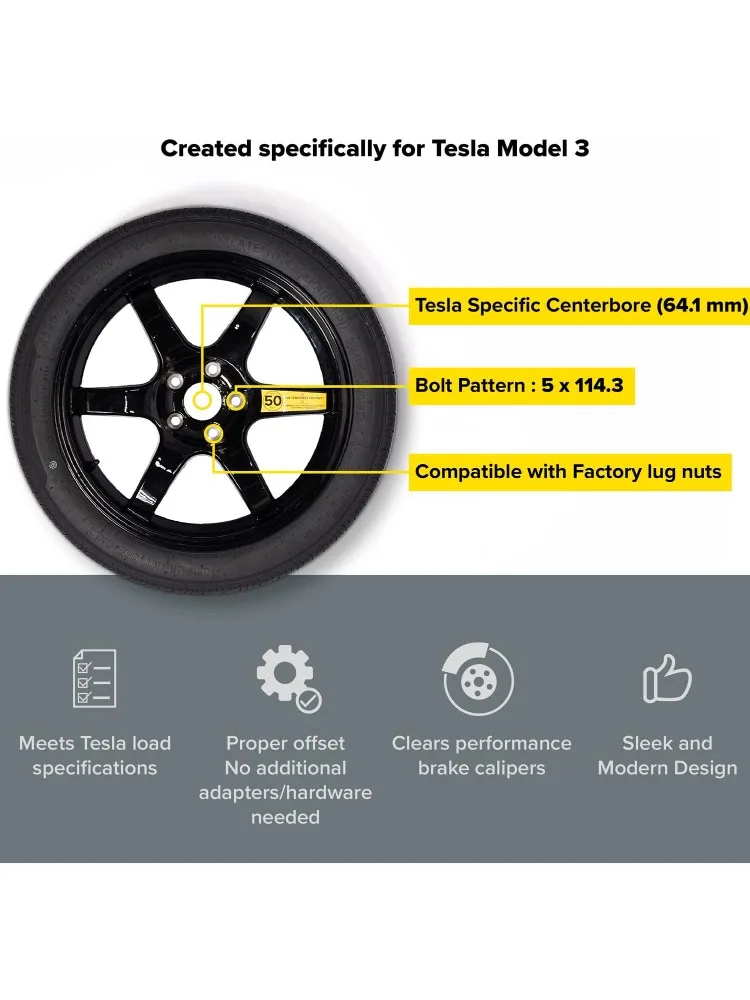 Complete Spare Wheel and Tire - Compatible with 2017+ Tesla Model 3 Long Range & RWD Trims - Includes 18x4 Rim