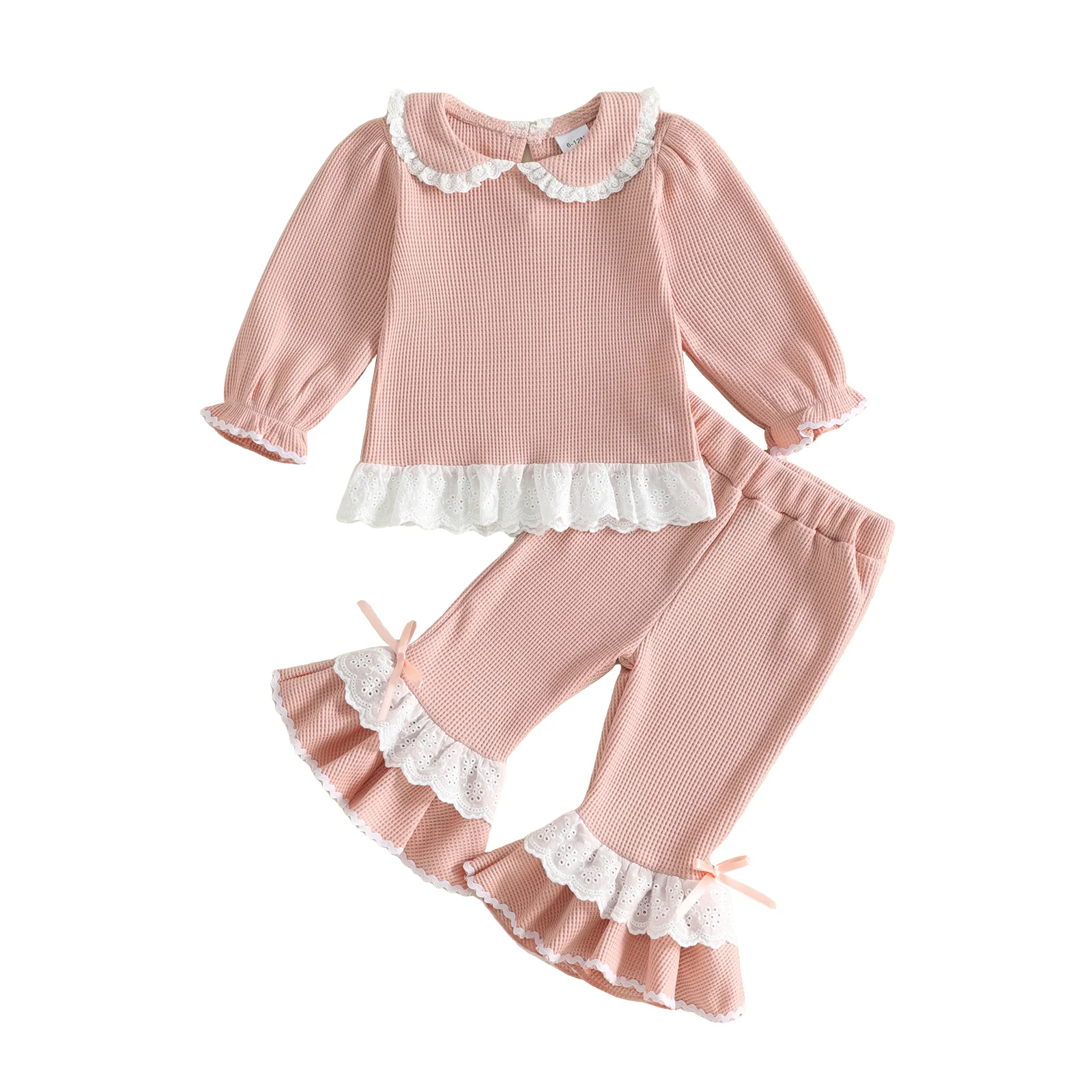 Early Autumn Toddler Baby Girls' Pink Waffle Patchwork Ruffle Long-Sleeve Pullover Top with Casual Flared Pants Baby's Sets