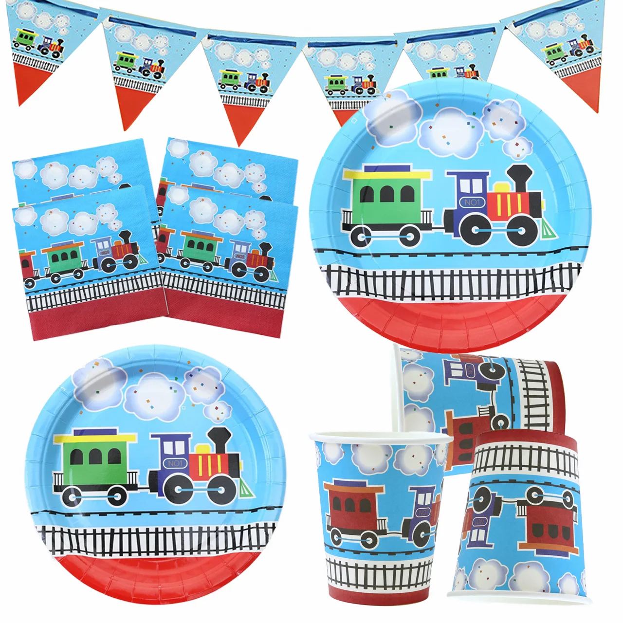Juego de suministros para fiesta de tren, plato de papel, taza, servilleta, todos los coches ferroviarios, trenes, vajilla desechable de cumpleaños