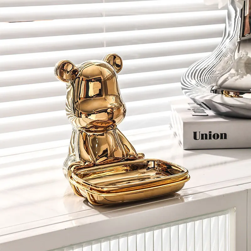 Light Luxury Bear Soap Box Bathroom Holder Dish Wall Mounted Storage Drain Plate Tray Free Perforation Shower Supplies Gadgets