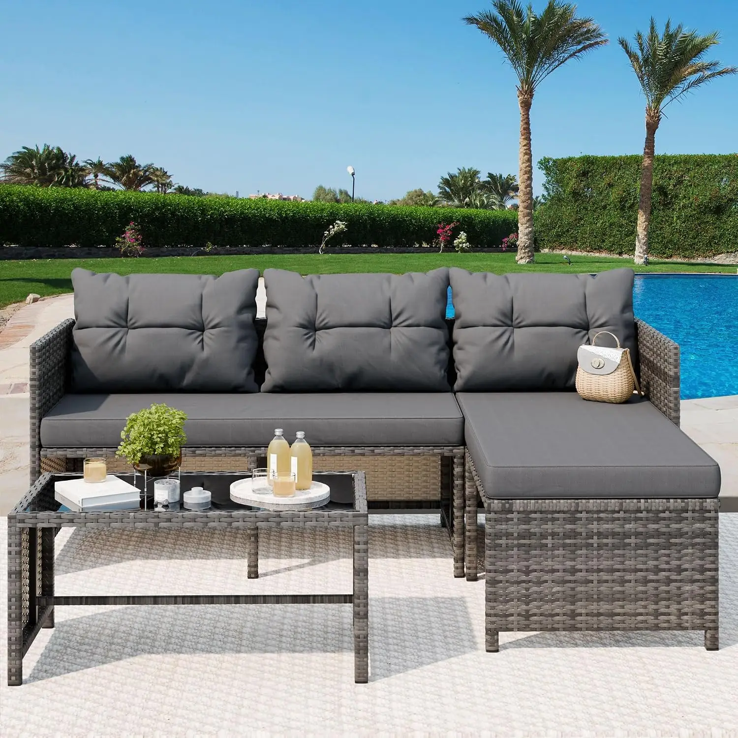All-Weather Wicker Patio Sofa Sectional Set, Small Outdoor Conversation Furniture W/Cushion & Glass Table, Grey, Customized