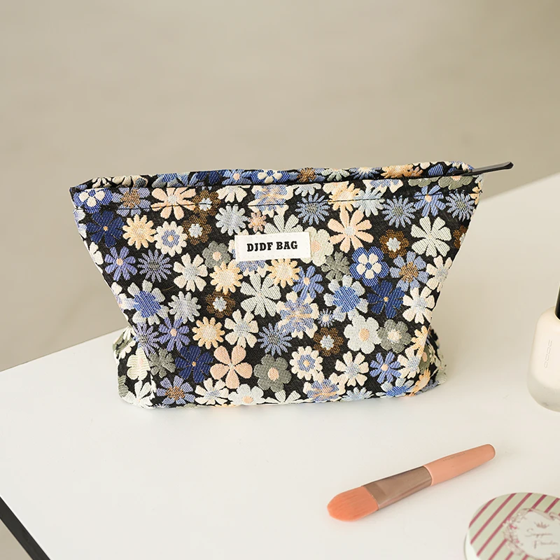 Women\'s Cosmetic Bag Blue Floral Large Capacity Cosmetics Lipstick Loose Change Storage Bag Portable Travel Toiletry Bag Ins