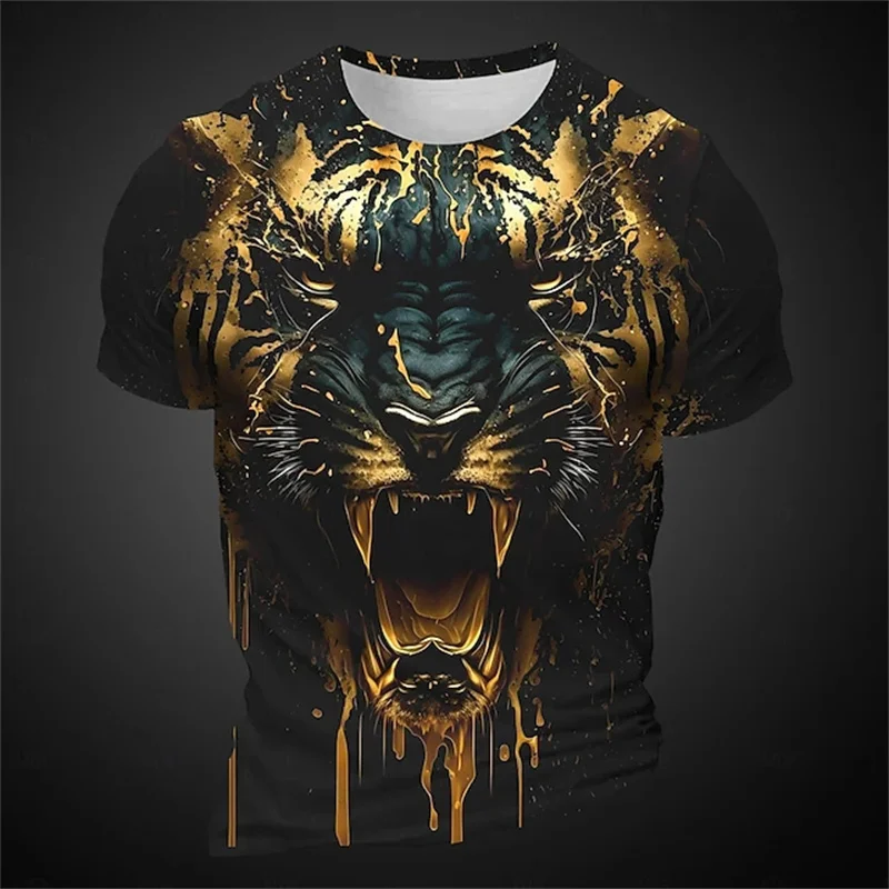 Men Golden Roaring Tiger T‑Shirt 3D Splash Ink Animal Predator Print Short Sleeve Crew Neck Streetwear Tops