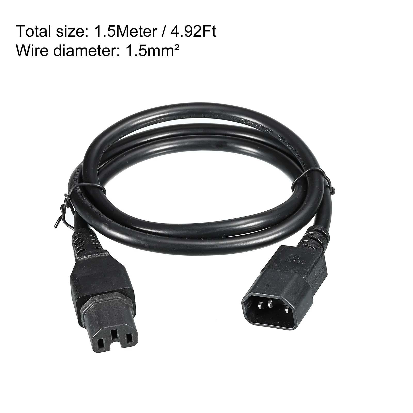 AC Power Cord 3Prong C14 Male to C15 Female 1.5m 250V 10A PDU Extension Cable for Laptop Electronics TV Computer Printer Monitor