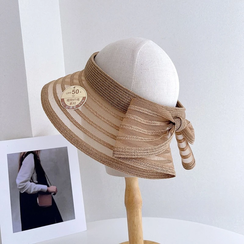 

Модная дизайнерская соломенная шляпа из органзы с сеткой для женщин, складная, с широкими полями, бантом, для путешествий, пляжа, с защитой от УФ-лучей