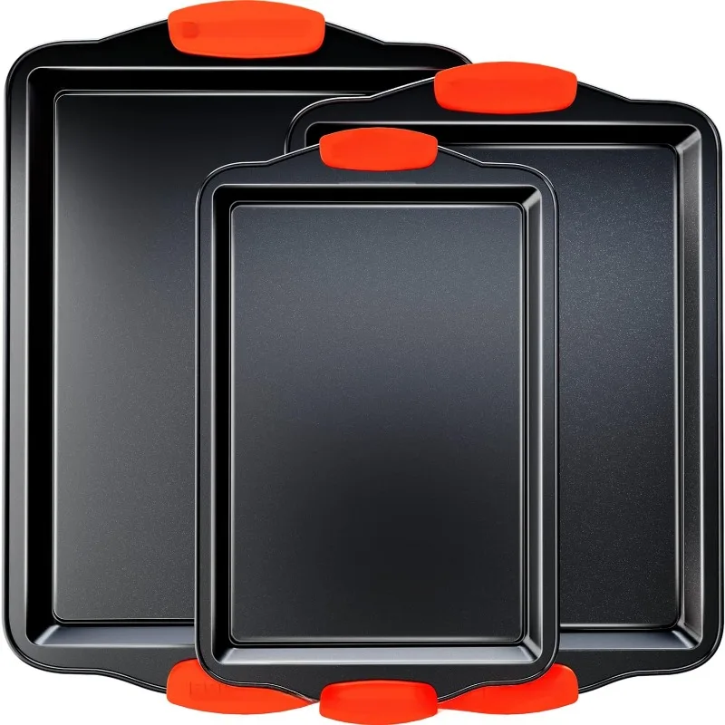 

Non-Stick Baking Sheets Set of 3 , Easy to Clean Racks w/Silicone Handles - Bakeware Pans for Cooking Baking Roasting