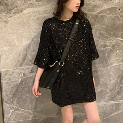 Stylish Women Ladies Glossy Sequin Casual T-Shirts O-neck Five-Point Sleeve Loose Oversize T-Shirt Female Tops Streetwear