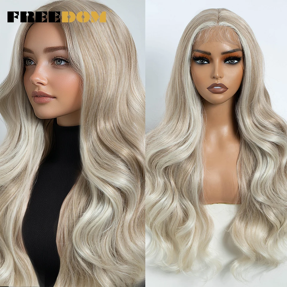 FREEDOM Synthetische Perücken mit Spitze vorne für Damen, lange, gewellte Perücke, 26 Zoll, gewellte Perücke mit Spitze, braun, Ombré, blond, grau, weiß, Cosplay-Perücke. – Detail 11