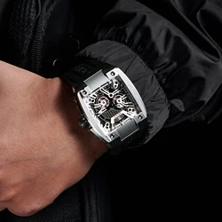 OBLVLO Men Sport Luxury Watch Square Skeleton Watch Steel Mechanical Watch Rubber Strap Watches GM