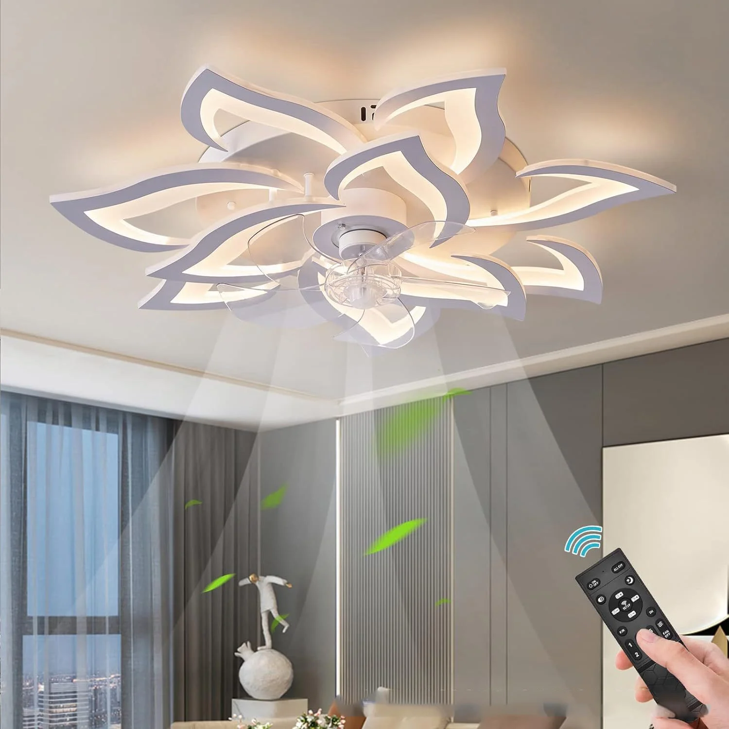 Modern Black Led Electric Ceiling fan with light flower Dimming Mute Ceiling Fan for Bedroom Dining Room study Home decorations