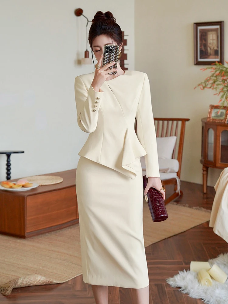 Donne d'affari falso 2 pezzi semplice abito solido manica lunga sottile midi abito a tubino elegante ufficio formale lavoro abiti da donna vestido