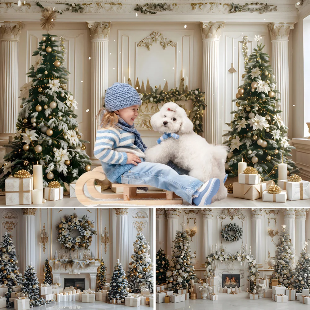 

Christmas Fireplace Palace Backdrops Europe Castle Christmas Tree Gifts Family Party Adults Baby Portrait Photography Background