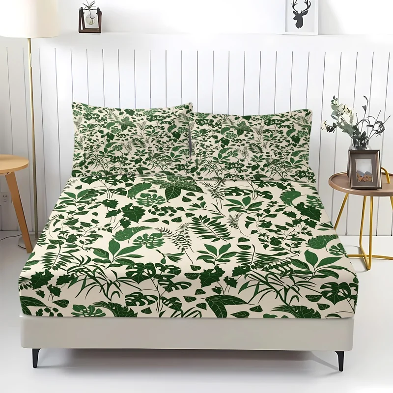 3Pcs Polyester Fitted Sheet Set,Deep Pocket,Durable,Vibrant Green Leaf Motif,Green Tropical Leaves and Ferns Print