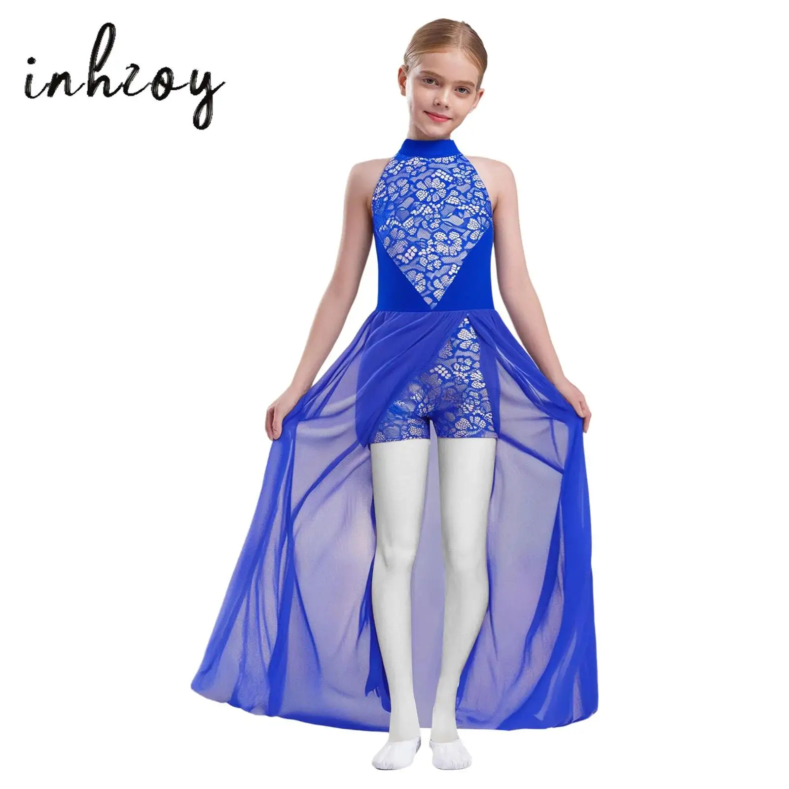 Abito da ballo lirico per bambina, con scollo all'americana, senza maniche, con taglio posteriore, tuta con sovrapposizione in rete fluida per competizioni di danza moderna jazz