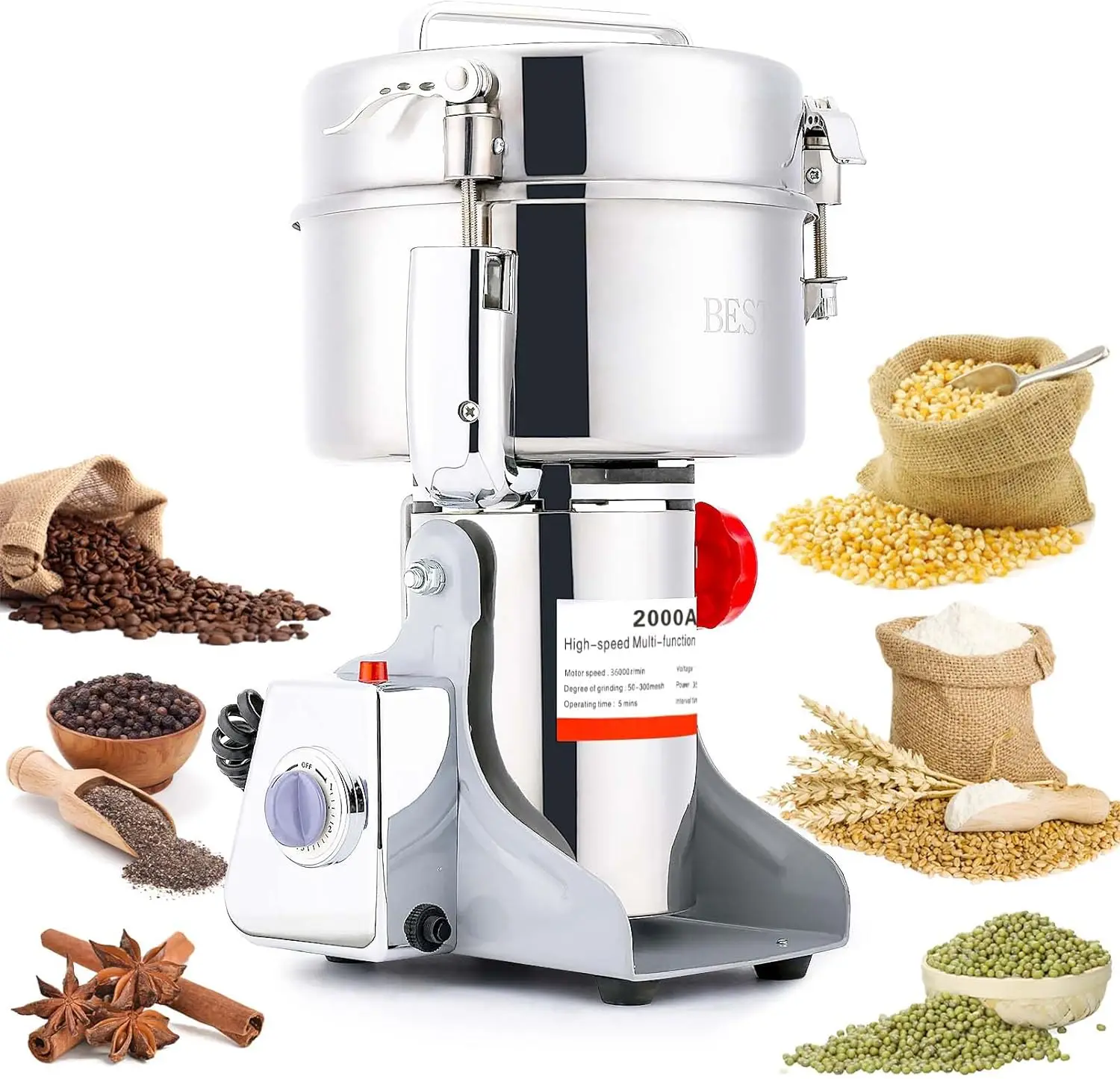 

2000g Electric Grain Mill Grinder 36000r/min High-speed Grain Spice Herb Grinder 3500W Dry Grinder Machine 304 Stainless Steel