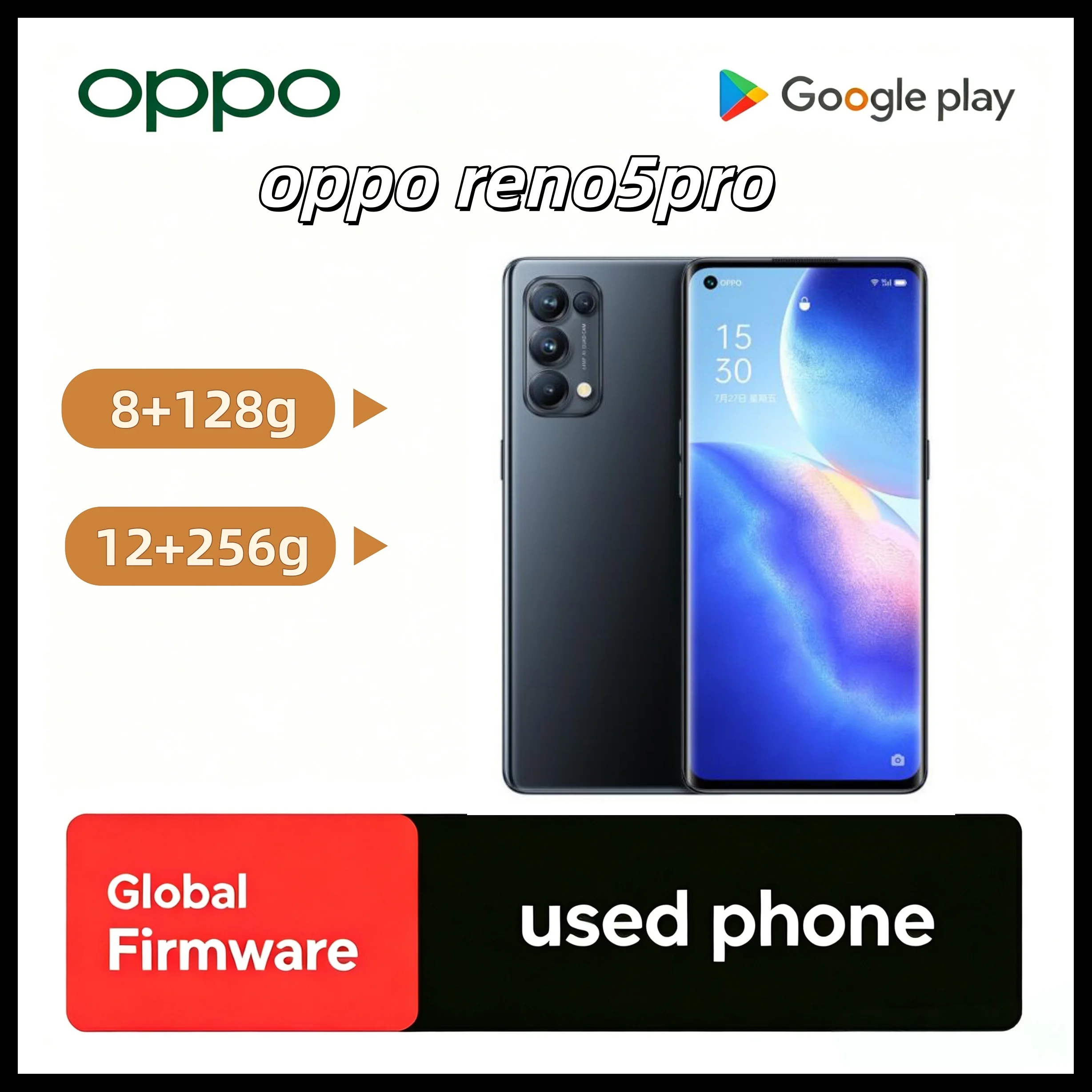 OPPO Reno5 Pro Full Screen Ultra Thin Body Dual SIM Card Large Battery Capacity Global Firmware Used Phone