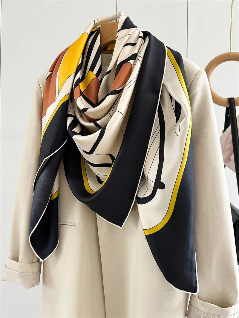 High-end Elegant Women Exquisite Simple Boat-shaped Print Quality 12MM Twill Silk Hand-rolled Edge140CM Large Square Scarf Shawl