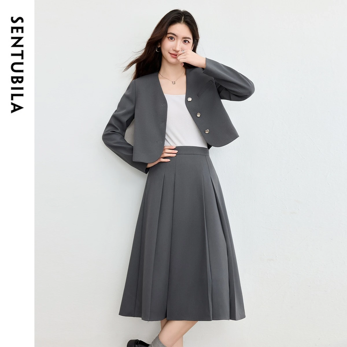 

SENTUBILA Grey Skirt Suits for Woman 2 Piece Set 2026 Spring Shoulder Pads Blazer A-Line Skirt Elegant Office Outfits 153ZA3426