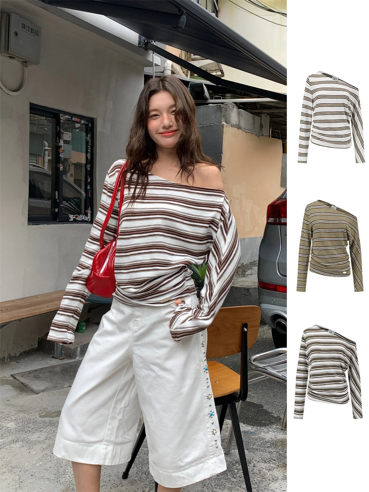 

Striped Knitted Asymmetrical oulder Top Women's Premium T-irt Commute Sle Loose Fit Long Sve Moisture ng