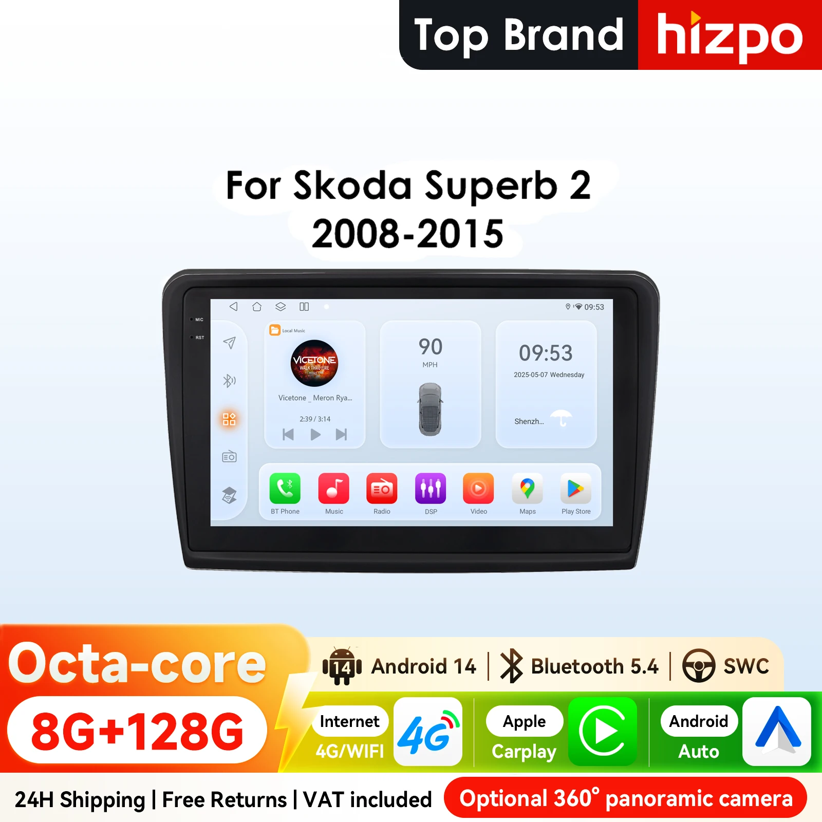 10,1" Hizpo 2Din CarPlay Android Auto Autoradio für Skoda Superb 2 B6 2008 - 2015 Snapdragon 6115 GPS RDS DSP SWC BT 4G 360 ° GLAS