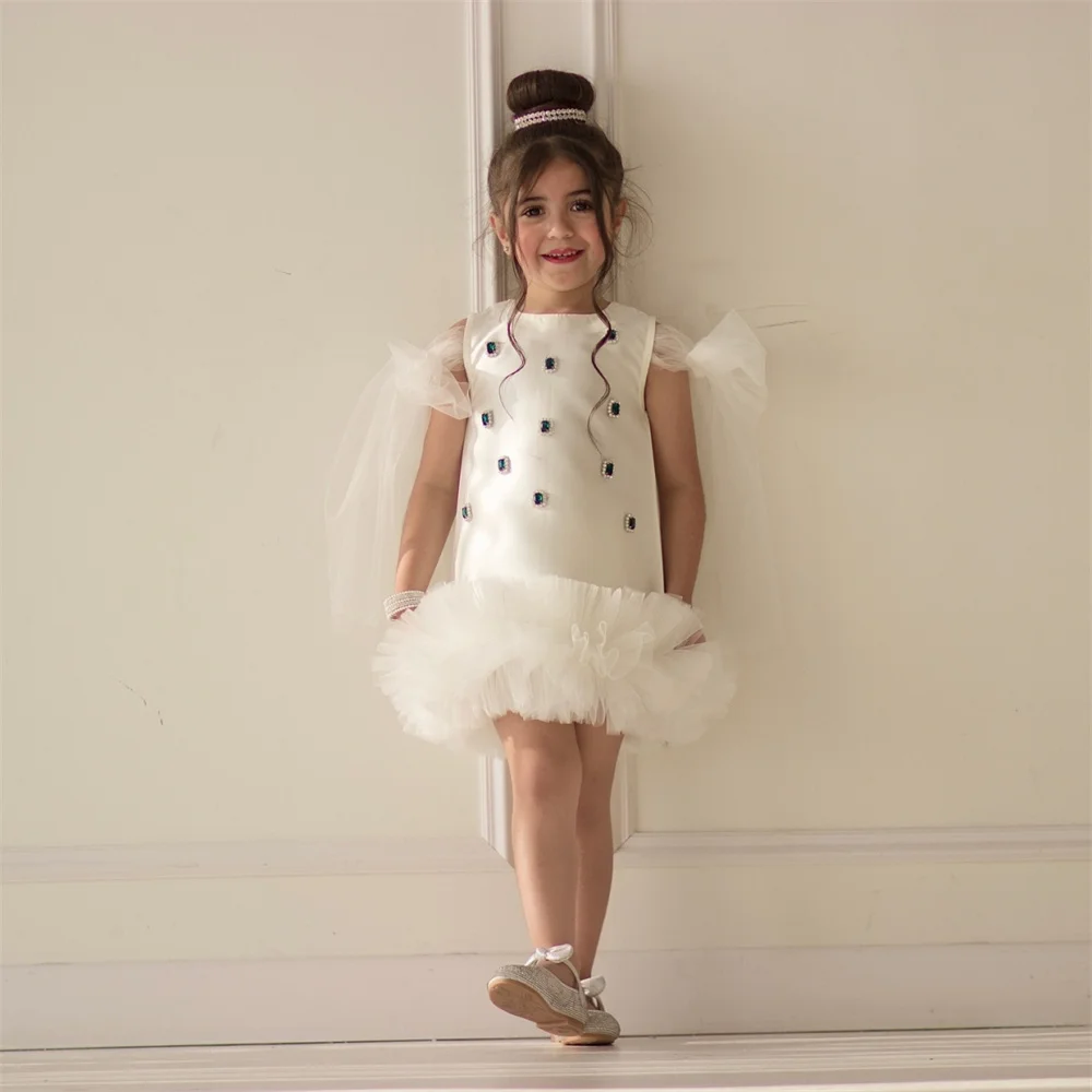 

Dearin Scoop Neckline Column Mini length Skirts Tulle Bead Sleeveless Vertically Flower Girl Dresses