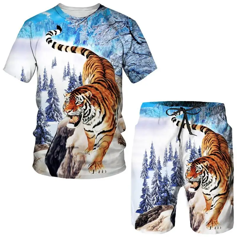 

Tiger Hawaiian Tracksuit Animal Pattern 3D Print Men Beach Suit Short Sleeve T-Shirts Shorts Sets Sportswear Men Suits Clothing