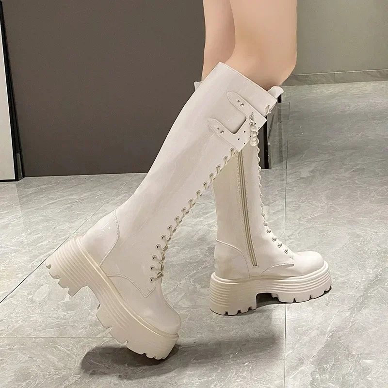 8.5cm novas mulheres plataforma grossa joelho-botas altas corda grânulo punk couro botas longas mulher saltos outono inverno botas de motocicleta