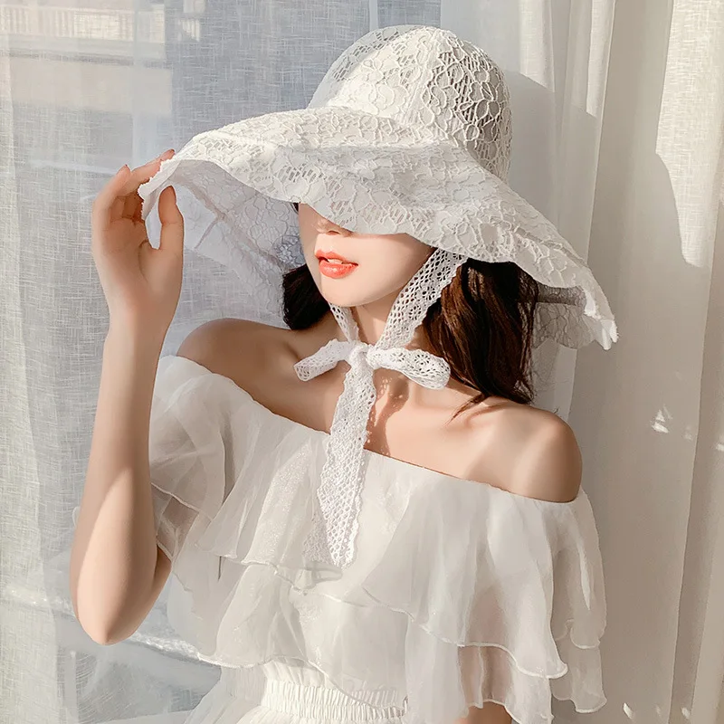 Summer Lace Sun Hat Women  Wide Brim Sun Hat Women Lace Hat Summer White Black Lace Party Wedding Packable Beach Hat