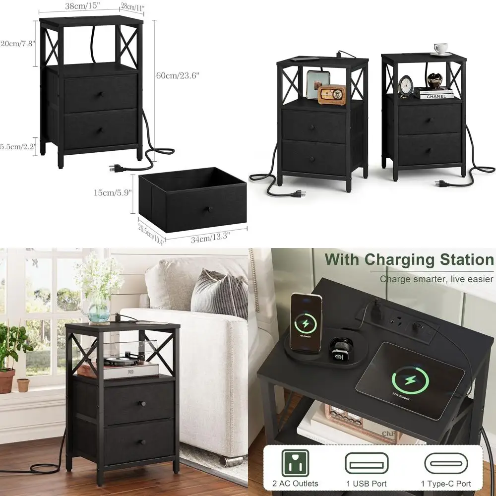 

Set of 2 Nightstands with Charging Station, Storage Shelf, USB Ports and Outlets, Fabric Drawers, Ideal for Bedroom in Black